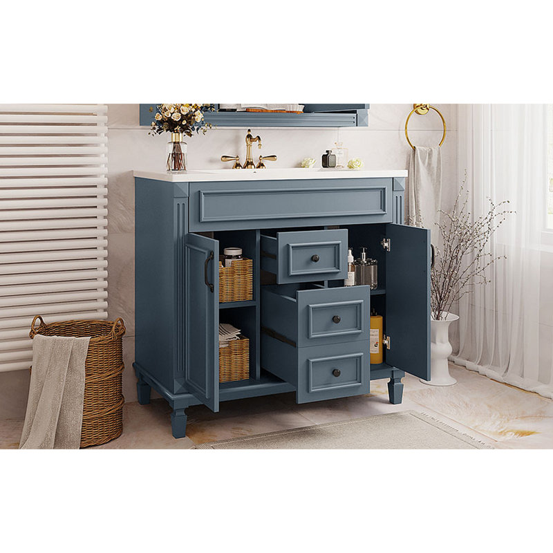 Meuble-lavabo 36 po avec lavabo supérieur, armoire de rangement moderne avec 2 portes à fermeture douce et 2 tiroirs, meuble-lavabo simple
