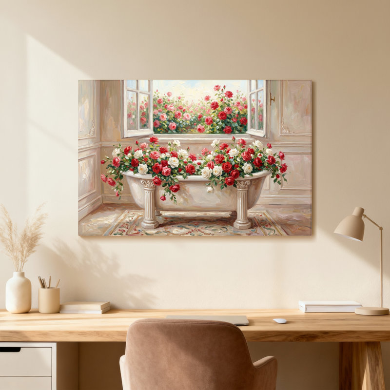 Bain romantique avec roses et vue de la fenêtre, H 12 po x l 18 po, Toile tendue, Does Not Apply