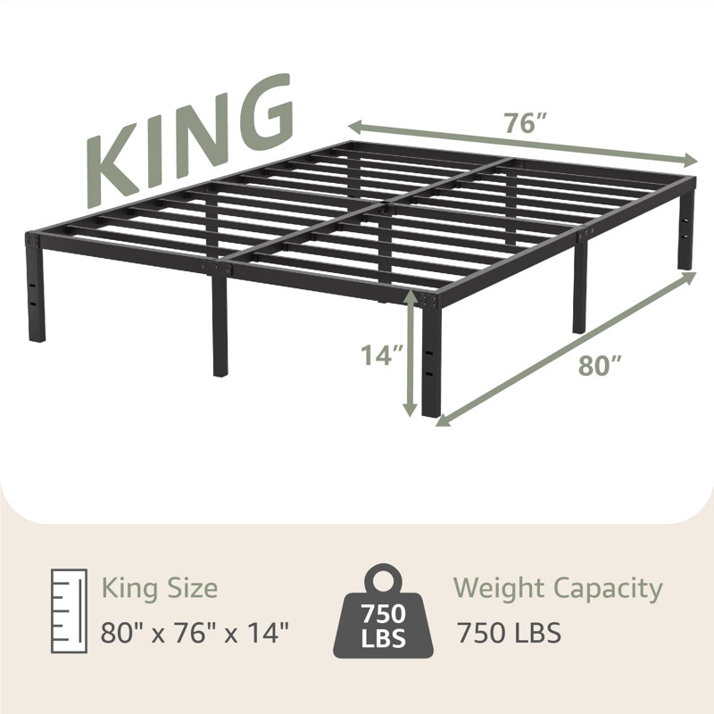 Ebern 14" Black Metal Platform Bedframe, No Box Spring Needed, King, 14"
