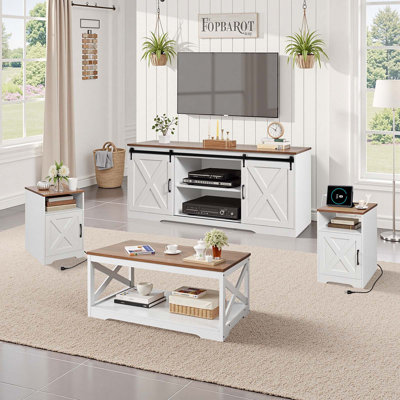 Farmhouse Coffee Table Sets, 40 in Coffee Table with 2 End Tables and 66 in TV Stand, Easy Assembly Living Room Tables Sets with Charging Station, for Office, Living Room & Apartment