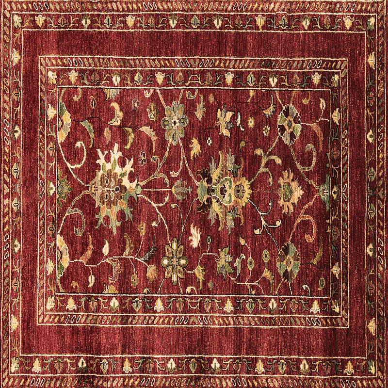 Tapis floral rouge en laine et polyester tissé à la machine Jaziya, Carré 5 pi