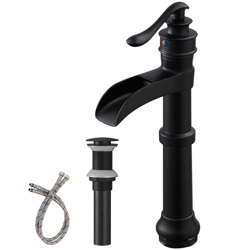 Deluge Waterfall Vessel Matte Black Single Hole, Single Handle With Drain Assembly, Matte Black