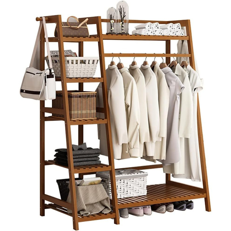 Portant à vêtements autoportant en bambou - Organisateur multifonctionnel avec tablettes, Brun