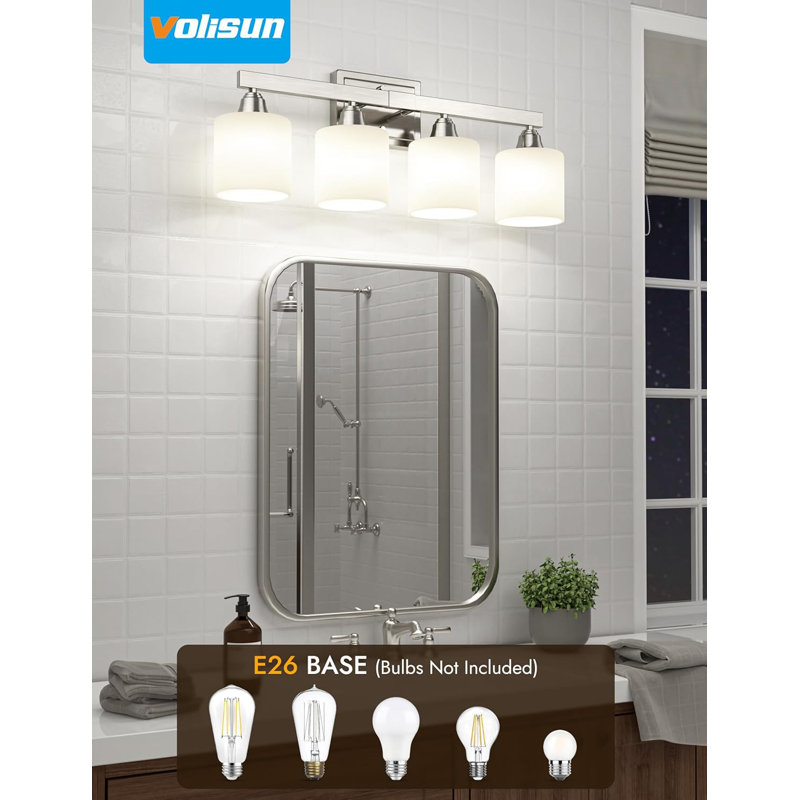 Luminaires de salle de bain 4 lumières, miroir de meuble-lavabo en nickel brossé au-dessus du miroir, luminaire de salle de bain moderne avec abat-jour en verre givré blanc laiteux (ampoules exclues)
