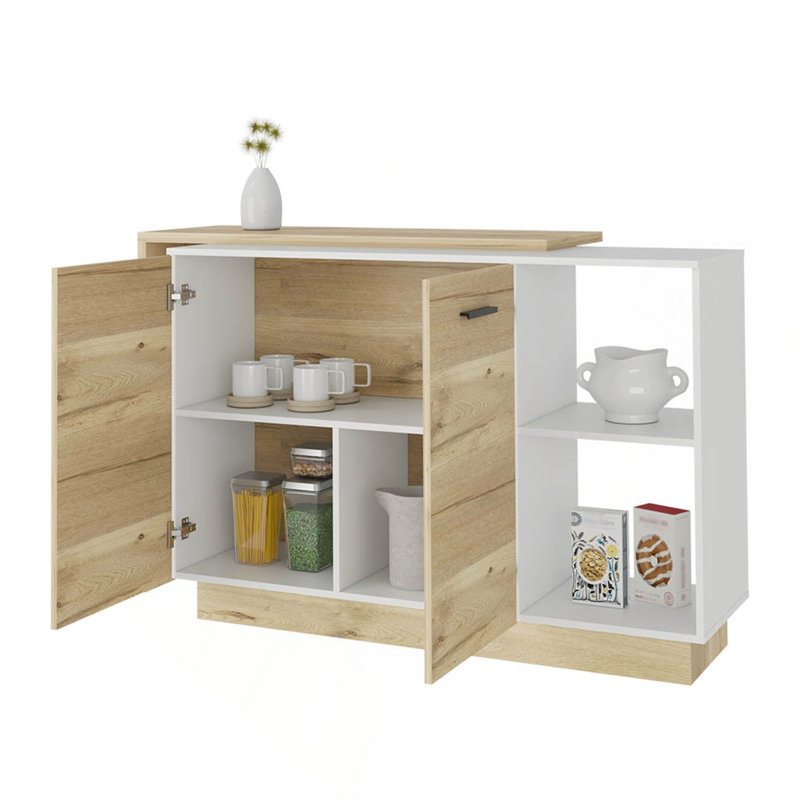 Îlot de cuisine, deux tablettes dissimulées, trois cloisons, Naturel / Blanc