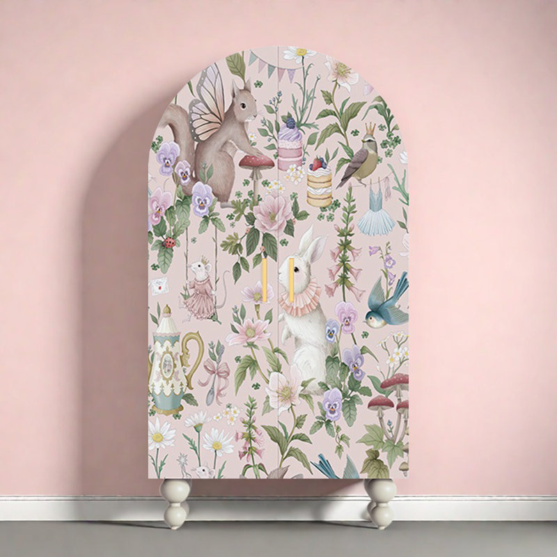 Armoire-penderie moderne à double porte arquée, Ivoire / blanc / rose