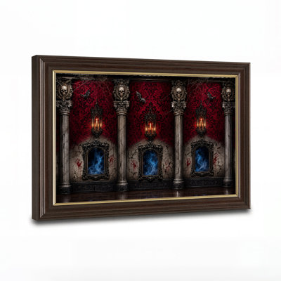 Impression sur toile, colonnes de pierre gothiques avec crânes et damas rouge
