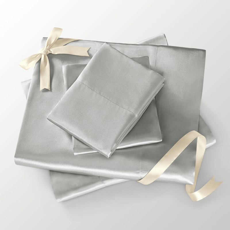 Satin Light Grey 100% Satin Luxury Wrinkle Resistant 6-Piece Cal King Sheet Set, Light Gray