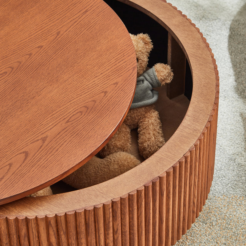 31.49" Wood Round Coffee Table For Living Room, Fluted Circle Coffee Table With Storage, Modern Handcraft Coffee Table For Apartment, Easy Assembly( 31.49"x31.49"x15.74")