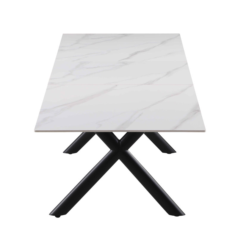 Contemporary White Marbleized Glass Extendable Dining Table with Black Steel Base