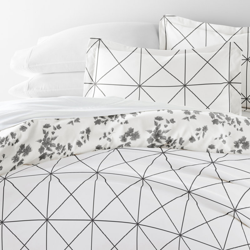 Gray and White Geometric Floral Twin/Twin XL Cotton Duvet Cover Set