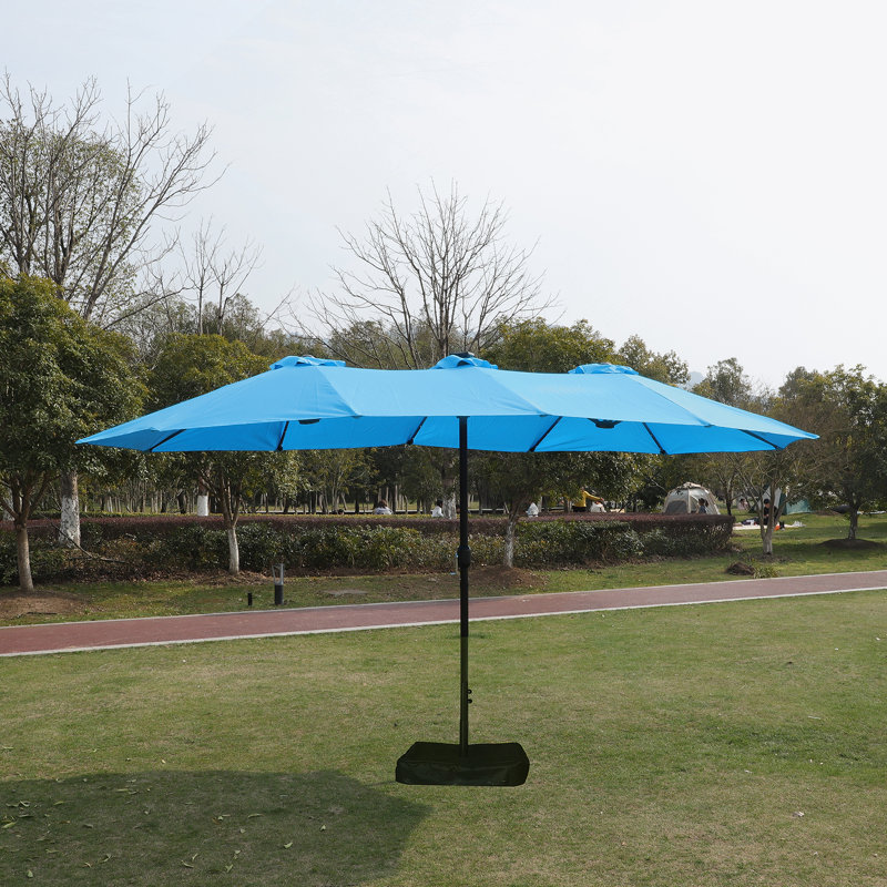 Parasol d'extérieur rectangulaire à double face avec lumière et base pour un ombre ultime, Bleu