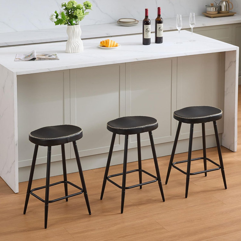 Tabourets de comptoir en simili cuir sans dossier pour îlot de cuisine (ensemble de 3), Noir, 3