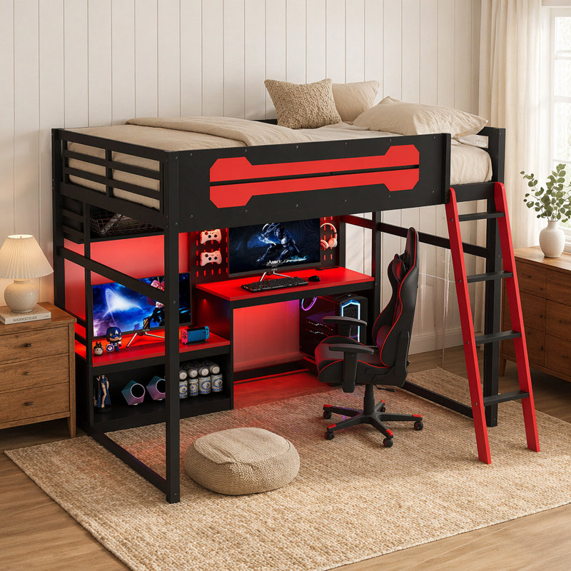 Lit mezzanine double en bois avec bureau, tablettes, lumières DEL, ports USB et panneau perforé, noir et rouge
