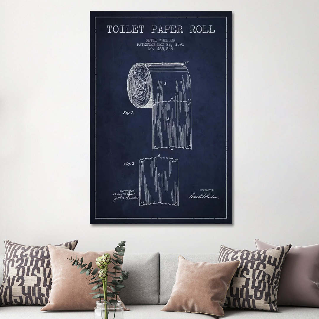 Toilet Paper Navy Blue Patent Blueprint by Aged Pixel - Graphic Art Print on Canvas