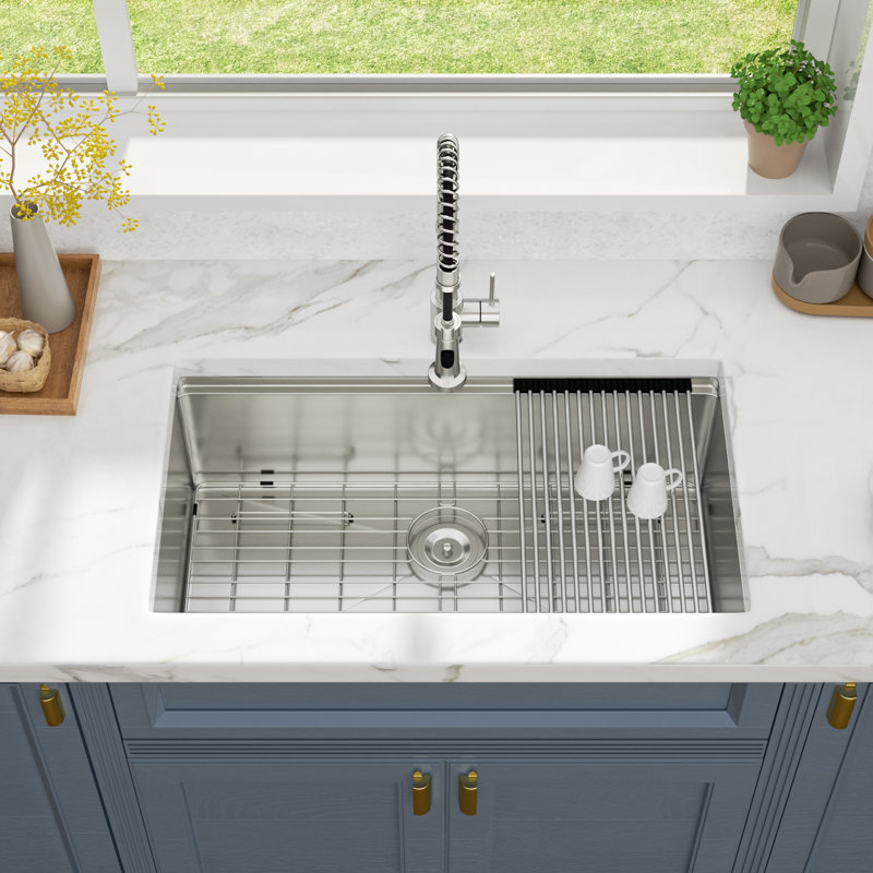 32" L x 19" W Undermount Kitchen Sink Workstation Single Bowl Sink 16 Gauge Stainless Steel Sink, Stainless Steel