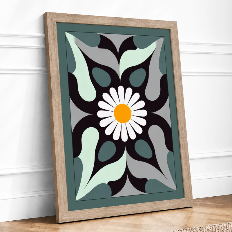 Daisy Symmetry Mid-Century - Framed Print, A3 - 42.0 x 29.7 cm, Oak