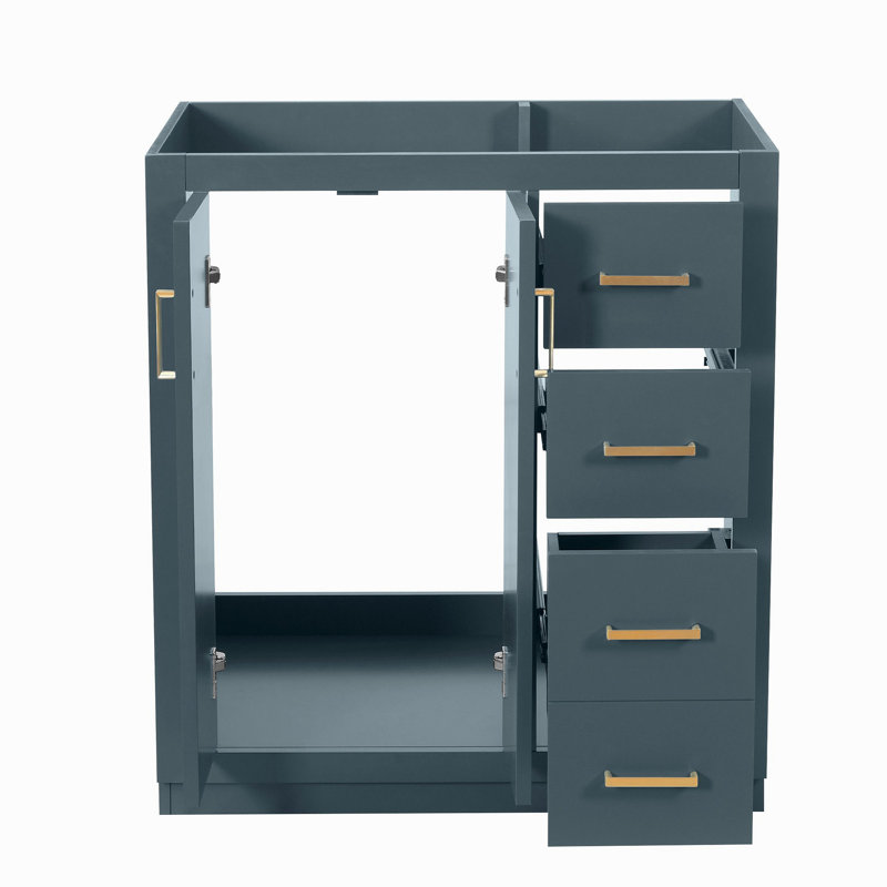 Ensemble de meuble-lavabo autoportant avec cadre en bois massif 30 po, 3 tiroirs et portes à fermeture douce, Bleu / doré