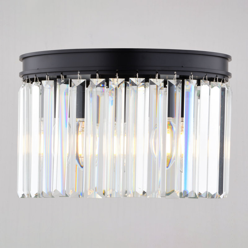 Allerton 3-Light 12 In. Wide Matte Black Modern Glam Drum Flush Mount Lighting Fixture, Clear Crystal Prisms Shade, LED Compatible, For Low Ceilings, Bedroom, Hallway, Kitchen