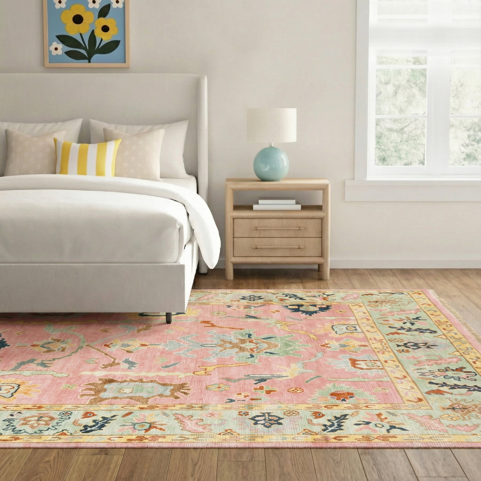 Morrisson Pink Green Hand-Knotted Oriental Rug, Rectangle 9' x 13'