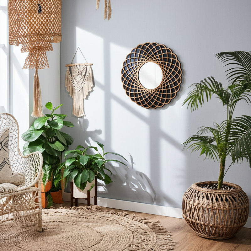 Bogar Boho Round Wall Mirror 48" Black and Natural Mango Wood Lattice Frame Modern Decorative Accent for Home Office Bedroom Living Room Decor MDF Backing Rustic Artisan Design