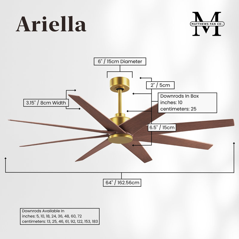 Ariella - Eight Blade Ceiling Fan - Brushed Brass Finish - Matte Black Blades, Brushed Brass, Walnut Tone