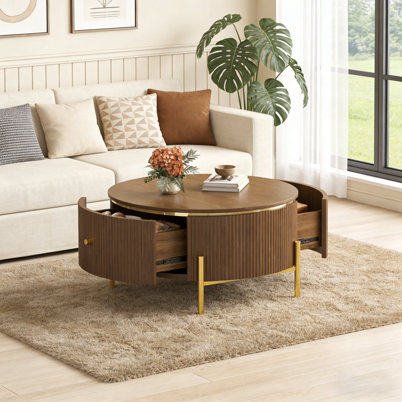 Table basse ronde avec 2 grands tiroirs de rangement