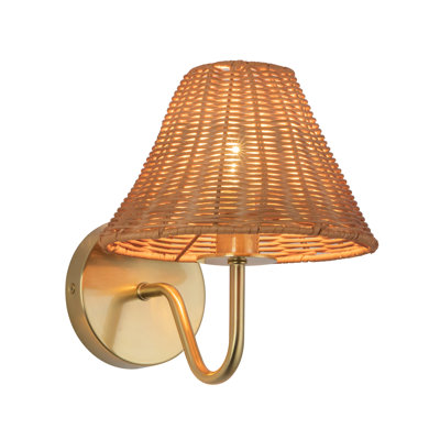 Tyde 8-in Brushed Gold Wall Sconce with Natural Rattan Shade