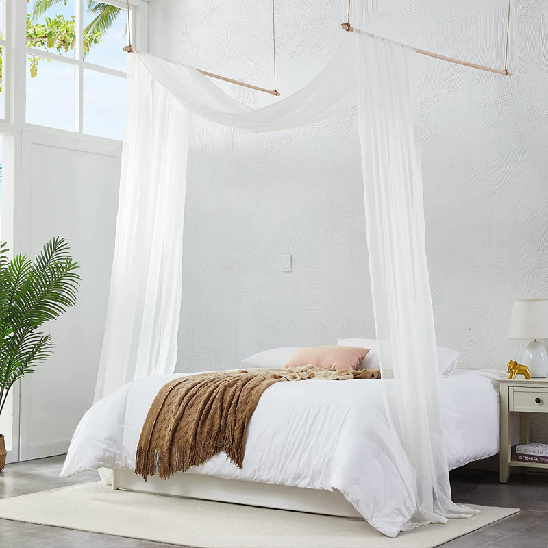 Polyester Ties Bed Canopy Curtains, White, Queen