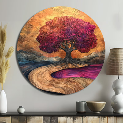 «Tree of Life Into The River of Existance», reproduction d'art métallique rose traditionnelle