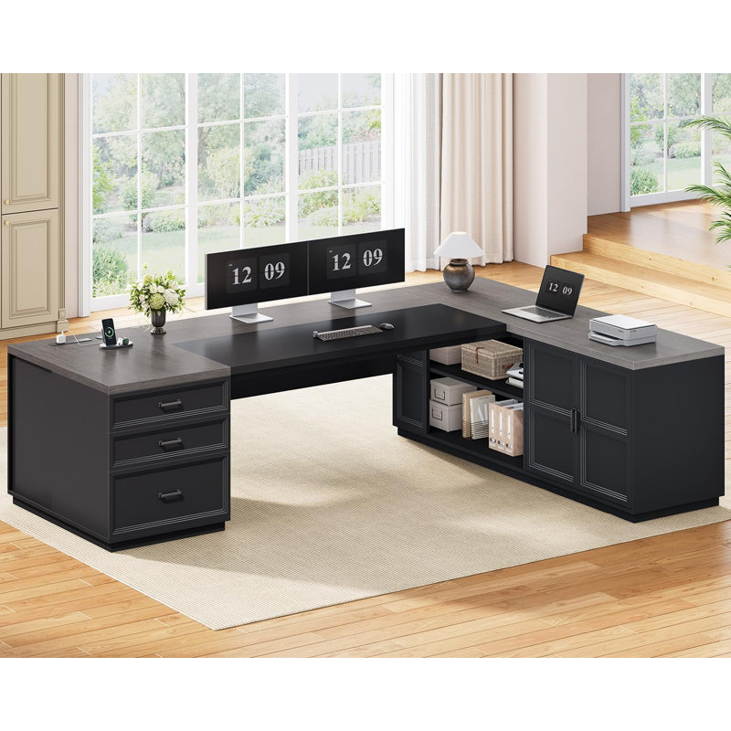 Bureau de direction en L 78,7 po avec station de charge, Gris/noir