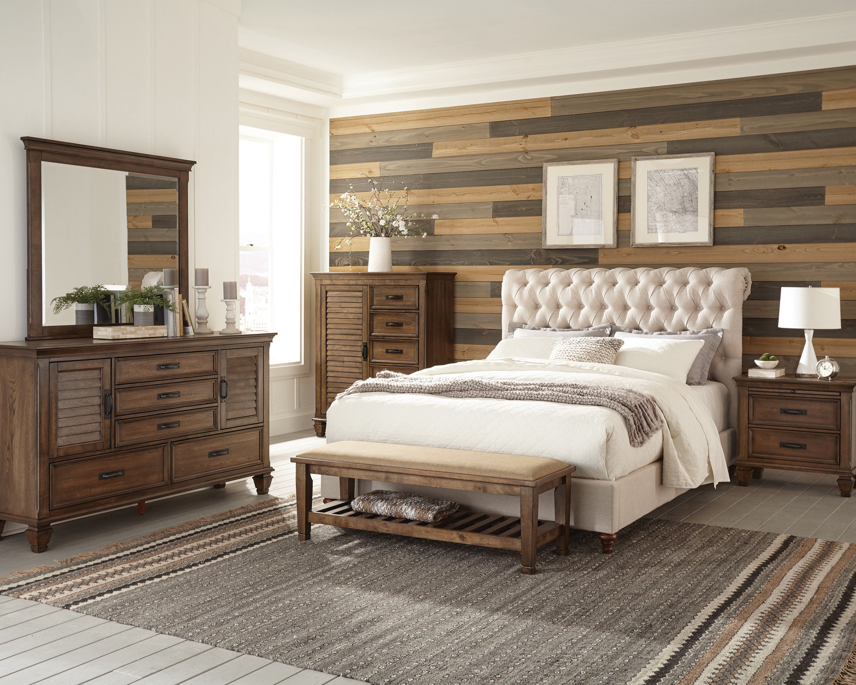 Canora Grey Doonfin 5 Piece Bedroom Set in Beige and Burnished Oak ...