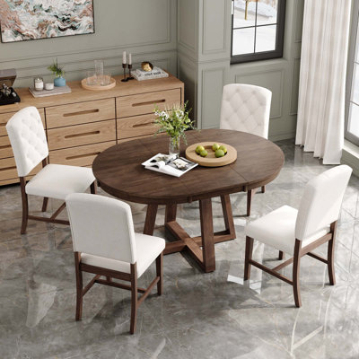 Retro Functional Dining Set With Round Table And 4 Upholstered Chairs For Dining And Living Rooms