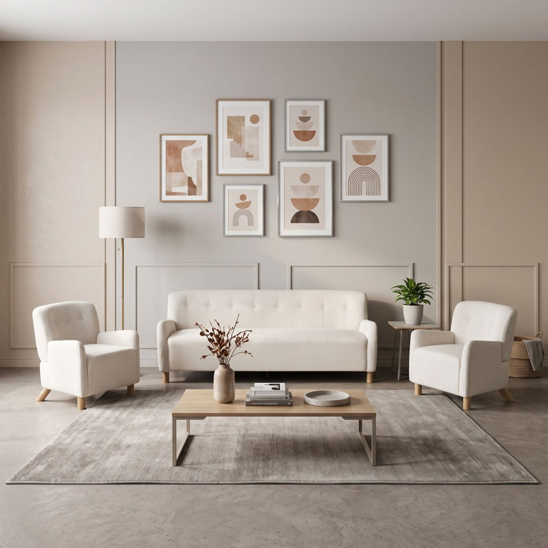 Ensemble de salon 3 pièces, canapé recouvert de lin et 2 fauteuils avec dossier capitonné, pieds en bois d'hévéa, Beige