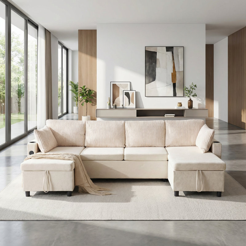 Canapé-lit en chenille de 113,4 po avec grand espace de rangement, deux ports USB et deux porte-gobelets, Beige
