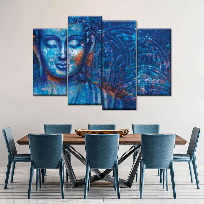 Bouddha teint en bleu Bouddha sur toile, 4 pièces, H 22 po x l 36 po x P 1 po