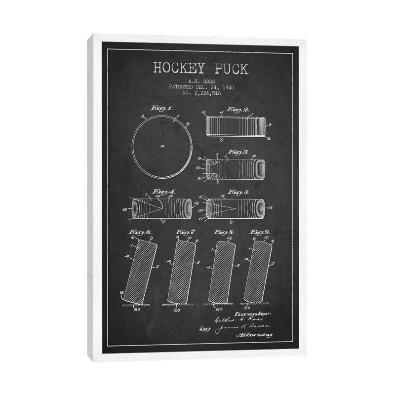 Hockey Puck Charcoal Patent Blueprint by Aged Pixel - Floater Frame Print on Canvas, White Framed, 101.6 cm H x 66.04 cm W