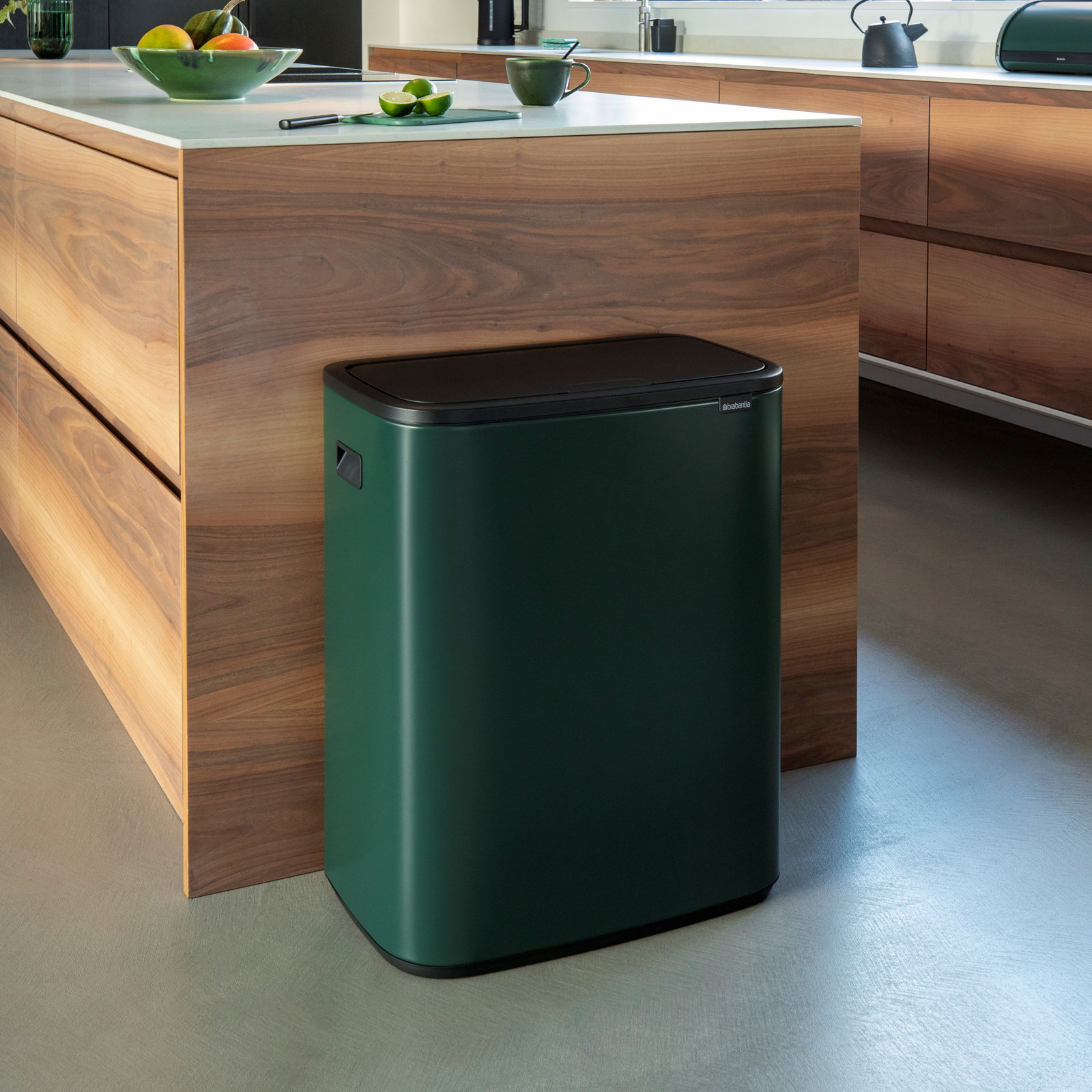 Brabantia Bo Touch Top Dual Compartment Recycling Trash Can, 2 x 8 Gallon (16 Gallon Capacity), Pine Green