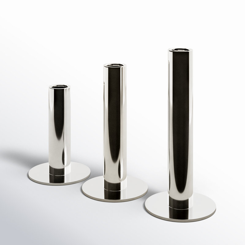 Kage 3 Piece Stainless Steel Tabletop Candlestick Set, Polished Silver