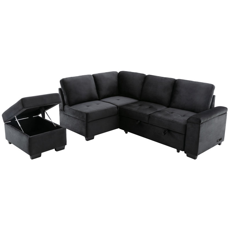 L-Shaped Sectional Sofa Bed Pull Out Sleeper Couch with Storage Ottoman, Black Velvet