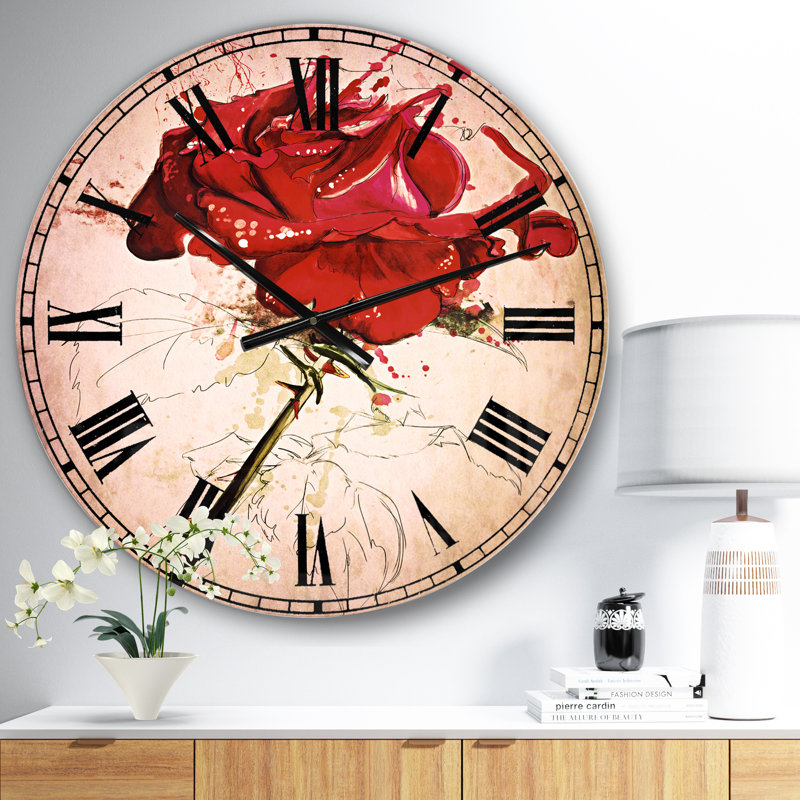 Rose croquis avec tige sur blanc - horloge murale traditionnelle, Petit