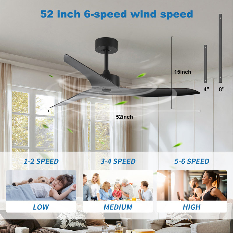 52" Outdoor Black Ceiling Fan Without Light With Remote Control