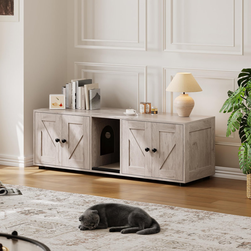 Armoire à litière double pour chat - meuble télé caché pour litière, meuble pour litière moderne caché pour 2 chats, entrée principale, maison pour chat, table de bout latérale, meuble télé avec enceinte pour litière pour chat