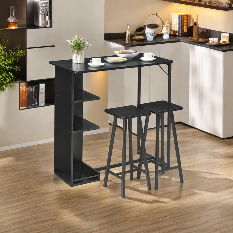 Small Dining Table Set For 2, 3-piece Bar Table Set With 3 Tier Storage Shelves, Black, Black