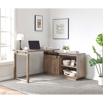 Desk L-Shaped Workstation Home Office Attached Storage Credenza Sliding Barn Door Finished On The Back Reversible Hazelnut
