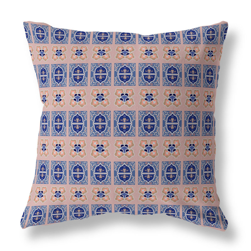 Coussin décoratif réversible intérieur / extérieur Darbari Dynasty, H 18 po x l 18 po, Bleu / rose / argent