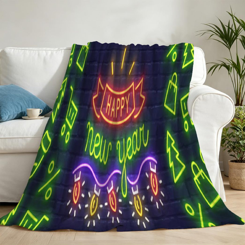 Jeté en flanelle transparente molletonnée, lettrage néon Merry, Jeté 50 po x 60 po