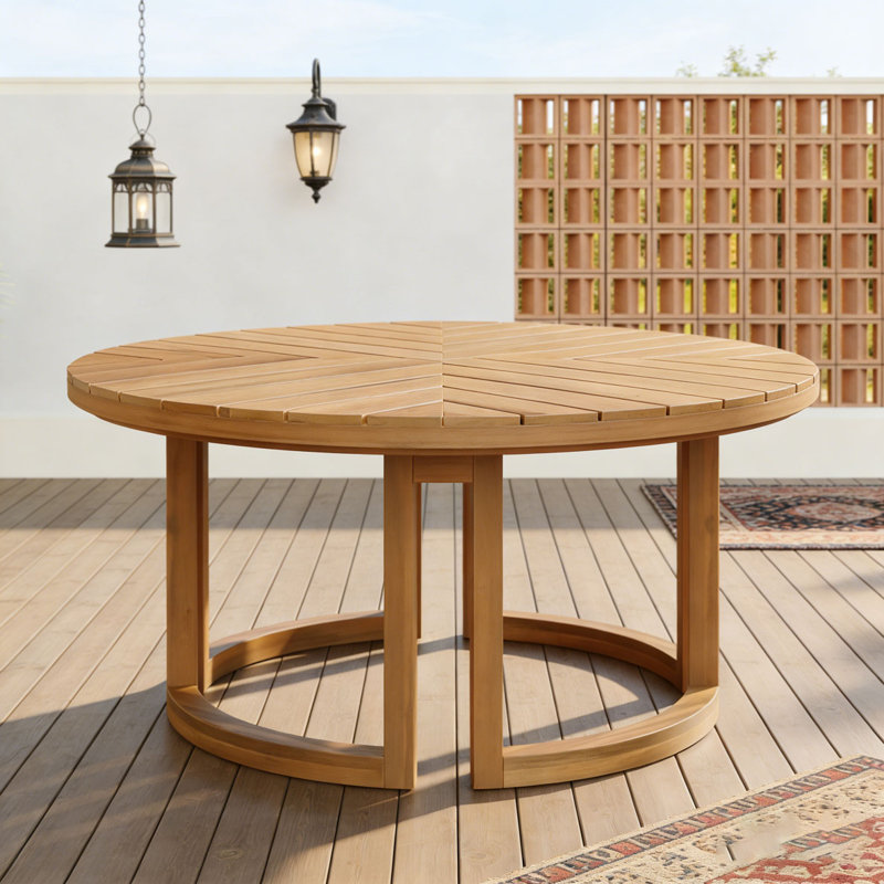 Round Outdoor Dining Table , 59 " W 59 " D, Light Teak