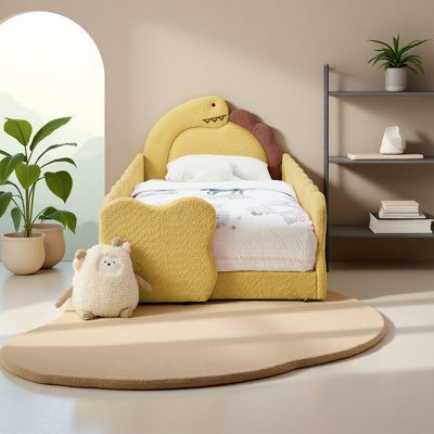 Lit simple pour enfant en forme de dinosaure avec garde-corps de sécurité, structure de lit pour tout-petit en bois massif pour enfants pour chambre à coucher, tissu Boucle