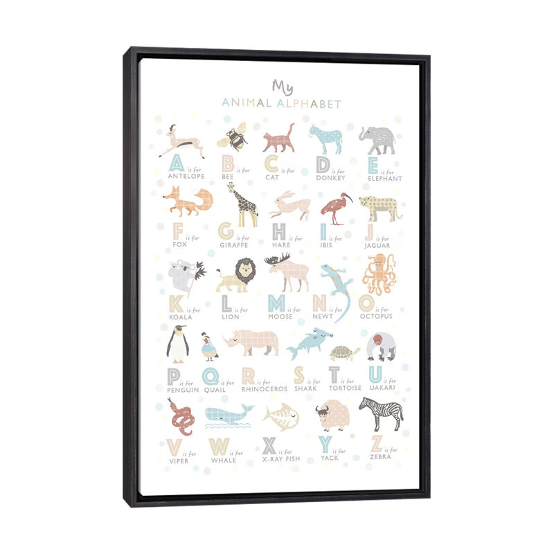 «Neutral Animal Alphabet», reproduction d'impression, H 26 po x l 18 po x 1,5 po, Toile avec cadre noir patiné, Pas de tapis